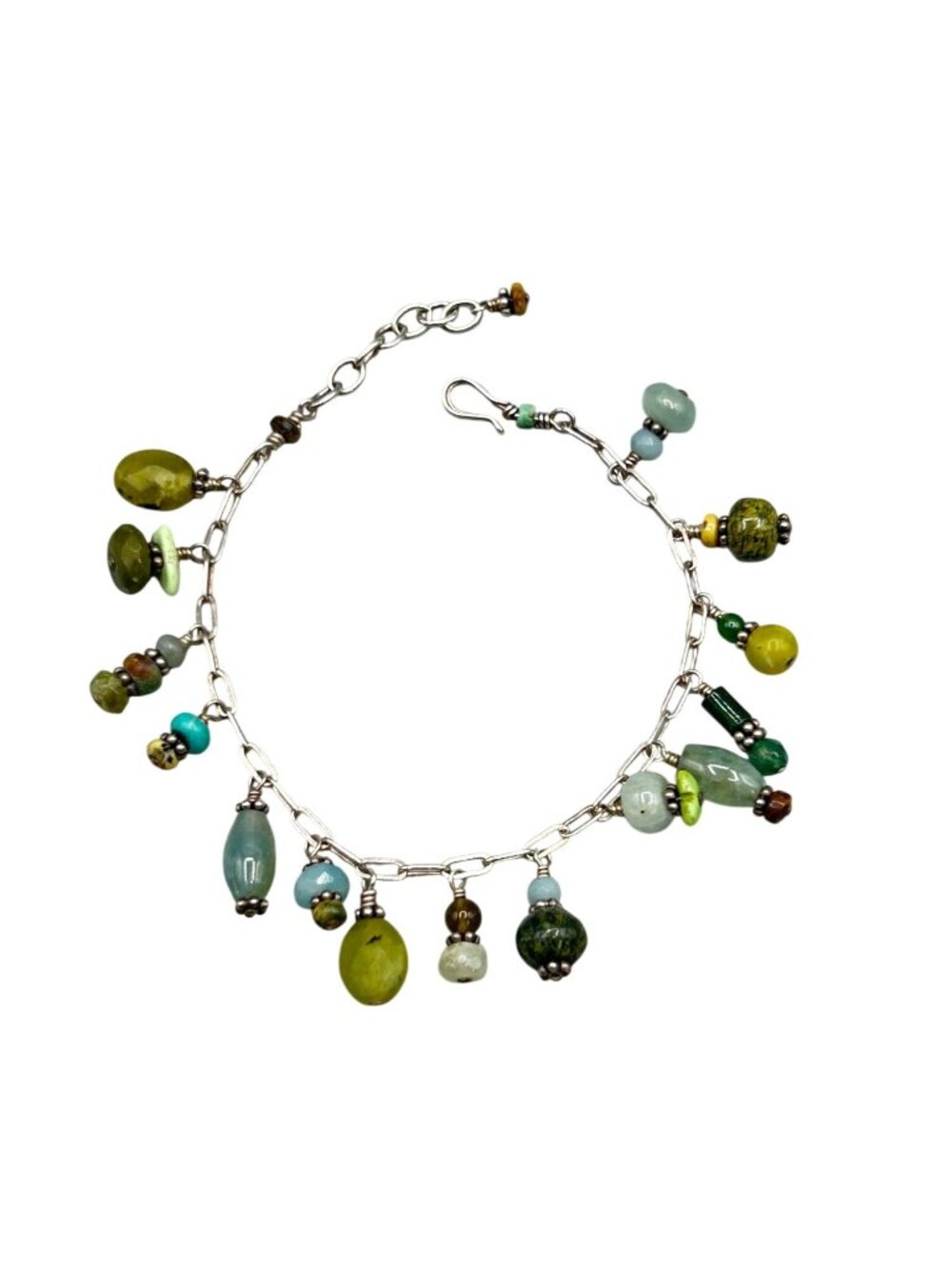 Vintage Sterling Silver Charm Bracelet With Green Semi precious Stone Dangles